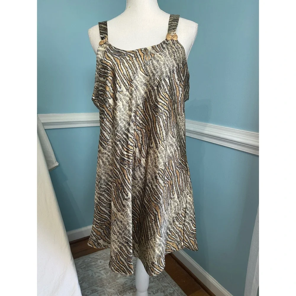 Vintage Tiger Print Satin Nightgown XL Tan Brown Animal Print Bow Strap Chemise